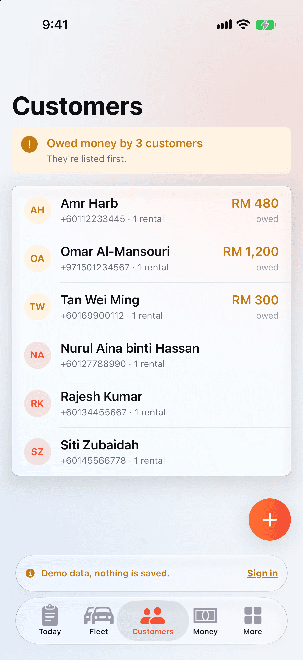 The customer page for Amr Harb: WhatsApp and Call buttons, a box saying he still owes RM 480, and a Record a payment button.