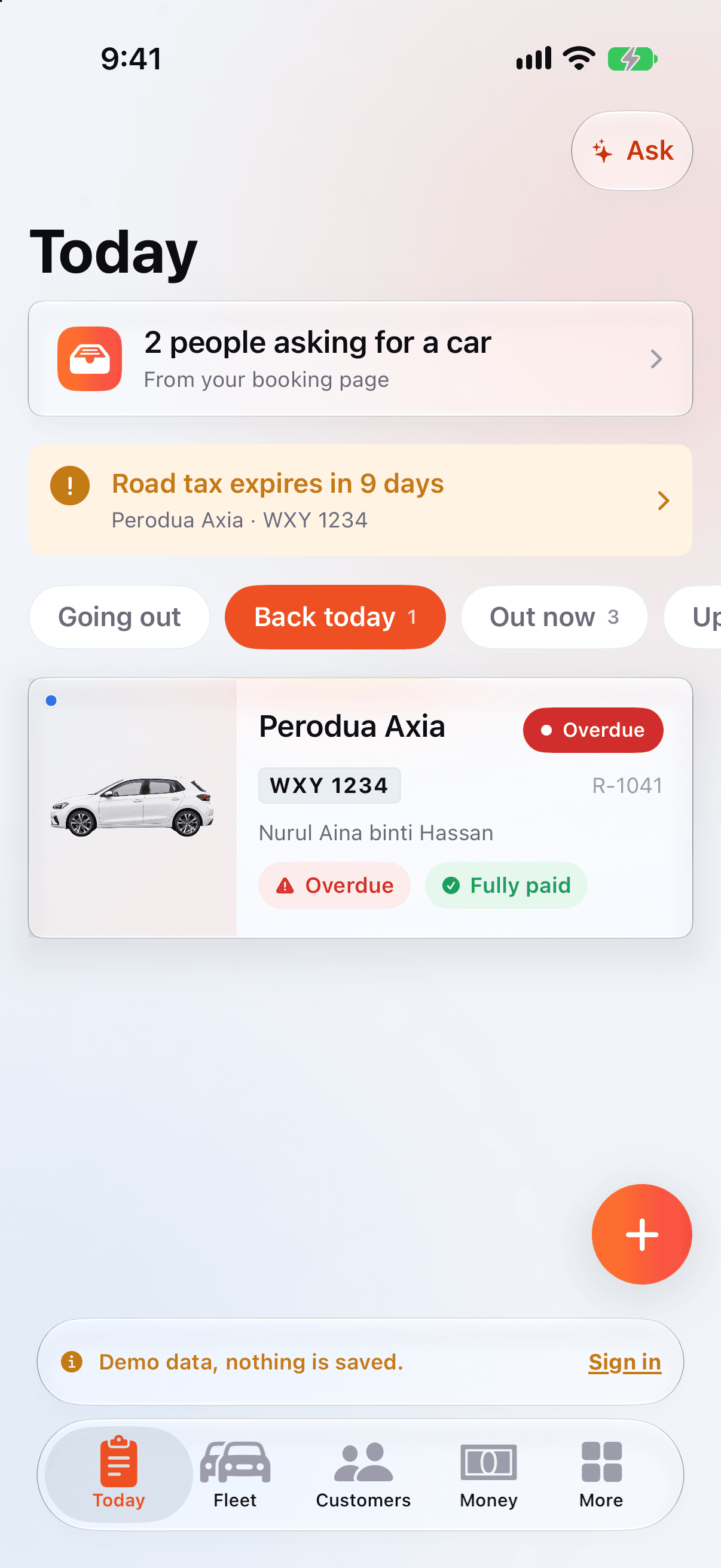 The Today screen in DriveFlow: two booking requests waiting, a warning that road tax on a Perodua Axia runs out in 9 days, and the Axia due back today, fully paid.